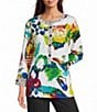 Ali Miles Woven Abstract Round Neck 3/4 Cuffed Sleeve Blouse - Image 1