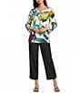 Ali Miles Woven Abstract Round Neck 3/4 Cuffed Sleeve Blouse - Image 5