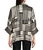 Ali Miles Woven Abstract Stripe Square Print Point Collar 3/4 Dolman Cuff Sleeve Tunic, Color:Black/Ivory - Image 2