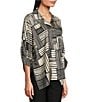 Ali Miles Woven Abstract Stripe Square Print Point Collar 3/4 Dolman Cuff Sleeve Tunic, Color:Black/Ivory - Image 3