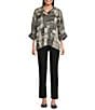 Ali Miles Woven Abstract Stripe Square Print Point Collar 3/4 Dolman Cuff Sleeve Tunic, Color:Black/Ivory - Image 5