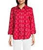 Ali Miles Woven Allover Star Print Point Collar 3/4 Cuffed Sleeve Button Front Tunic, Color:Star Multi - Image 1