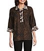 Ali Miles Woven Animal Print Point Collar 3/4 Sleeve Contrast Trim Hi-Low Hem Tunic, Color:Multi Animal Print - Image 1