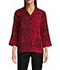 Ali Miles Woven Black Stroke Print Point Collar 3/4 Sleeve Button Front Tunic, Color:Red Multi - Image 1