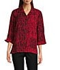 Ali Miles Woven Black Stroke Print Point Collar 3/4 Sleeve Button Front Tunic, Color:Red Multi - Image 5