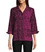 Ali Miles Woven Black Stroke Print Point Collar 3/4 Sleeve Button Front Tunic, Color:Magenta - Image 1