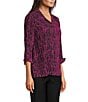 Ali Miles Woven Black Stroke Print Point Collar 3/4 Sleeve Button Front Tunic, Color:Magenta - Image 3
