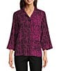 Ali Miles Woven Black Stroke Print Point Collar 3/4 Sleeve Button Front Tunic, Color:Magenta - Image 5