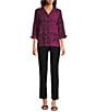 Ali Miles Woven Black Stroke Print Point Collar 3/4 Sleeve Button Front Tunic, Color:Magenta - Image 9