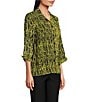 Ali Miles Woven Black Stroke Print Point Collar 3/4 Sleeve Button Front Tunic, Color:Citron - Image 3