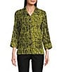 Ali Miles Woven Black Stroke Print Point Collar 3/4 Sleeve Button Front Tunic, Color:Citron - Image 5