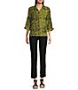 Ali Miles Woven Black Stroke Print Point Collar 3/4 Sleeve Button Front Tunic, Color:Citron - Image 8