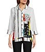 Color:Multi - Image 1 - Woven Crinkle Multi Abstract Print Point Collar 3/4 Sleeve Asymmetrical Hem Button-Front Tunic