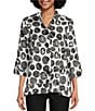 Color:Black White - Image 1 - Woven Dotted Printed Patch Pocket 3/4 Sleeve Stand Collar Button Front Tunic