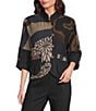 Ali Miles Woven Embroidered Patch Stand Collar 3/4 Sleeve Tulip Hem Button Front Jacket - Image 1