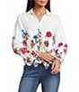 Ali Miles Woven Floral Border Linen Blend Print Point Collar Long Roll-Tab Sleeve Button Tie Front Shirt - Image 1