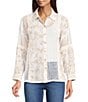 Ali Miles Woven Floral Lace Panel Insets Point Collar Long Roll-Tab Sleeve Button Front Tunic, Color:Neutral Print - Image 1