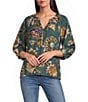 Ali Miles Woven Floral Multi Printed V-Neck 3/4 Sleeve Pull Over Top - Image 1