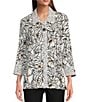 Color:Black/White - Image 1 - Woven Floral Print Point Collar 3/4 Sleeve Button-Front Tunic