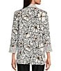 Color:Black/White - Image 2 - Woven Floral Print Point Collar 3/4 Sleeve Button-Front Tunic