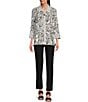 Color:Black/White - Image 3 - Woven Floral Print Point Collar 3/4 Sleeve Button-Front Tunic