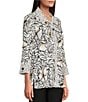 Color:Black/White - Image 4 - Woven Floral Print Point Collar 3/4 Sleeve Button-Front Tunic