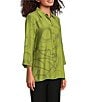 Ali Miles Woven Geometric Print Point Collar 3/4 Sleeve Button-Front Tunic, Color:Olive/Black - Image 3