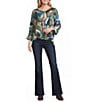 Ali Miles Woven Geometric Printed V-Neck 3/4 Sleeve Button Front Top - Image 3