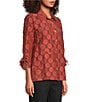 Ali Miles Woven Jacquard Allover Dot Point Collar 3/4 Cinched Sleeve Button Front Shirt - Image 3