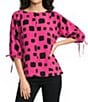 Ali Miles Woven Multi Square Print Round Neck 3/4 Sleeve Cinched Tie Cuff Pullover Top - Image 1