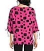 Ali Miles Woven Multi Square Print Round Neck 3/4 Sleeve Cinched Tie Cuff Pullover Top - Image 2