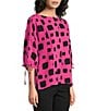 Ali Miles Woven Multi Square Print Round Neck 3/4 Sleeve Cinched Tie Cuff Pullover Top - Image 3