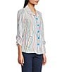 Ali Miles Woven Multi Stripe Point Collar 3/4 Cinched Tie Sleeve Button Front Tunic - Image 3