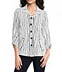Ali Miles Woven Multi Stripe Point Collar 3/4 Cinched Tie Sleeve Button Front Tunic - Image 1