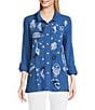 Ali Miles Woven Novelty Abstract Fish Print Wire Collar 3/4 Roll-Tab Sleeve Button Front Tunic, Color:Denim - Image 1