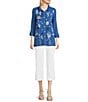 Ali Miles Woven Novelty Abstract Fish Print Wire Collar 3/4 Roll-Tab Sleeve Button Front Tunic, Color:Denim - Image 3