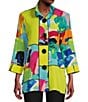 Color:Patch Multiple - Image 1 - Woven Patchwork Print Wire Collar 3/4 Sleeve Button-Front Tunic