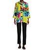 Color:Patch Multiple - Image 3 - Woven Patchwork Print Wire Collar 3/4 Sleeve Button-Front Tunic