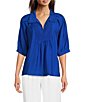 Ali Miles Woven Point Collar Shirred Split Neck Elbow Length Raglan Sleeve Popover Top - Image 1