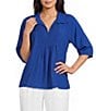 Ali Miles Woven Point Collar Shirred Split Neck Elbow Length Raglan Sleeve Popover Top - Image 5