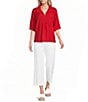 Ali Miles Woven Point Collar Shirred Split Neck Elbow Length Raglan Sleeve Popover Top - Image 3