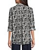 Ali Miles Woven Printed Point Collar 3/4 Roll-Tab Sleeve Button Front Tunic, Color:White/Black - Image 2
