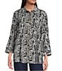Ali Miles Woven Printed Point Collar 3/4 Roll-Tab Sleeve Button Front Tunic, Color:White/Black - Image 5