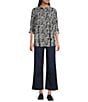 Ali Miles Woven Printed Point Collar 3/4 Roll-Tab Sleeve Button Front Tunic, Color:White/Black - Image 7