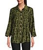 Ali Miles Woven Printed Point Collar 3/4 Roll-Tab Sleeve Button Front Tunic, Color:Olive/Black - Image 1