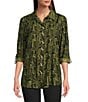 Ali Miles Woven Printed Point Collar 3/4 Roll-Tab Sleeve Button Front Tunic, Color:Olive/Black - Image 5