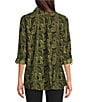 Ali Miles Woven Printed Point Collar 3/4 Roll-Tab Sleeve Button Front Tunic, Color:Olive/Black - Image 6