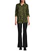 Ali Miles Woven Printed Point Collar 3/4 Roll-Tab Sleeve Button Front Tunic, Color:Olive/Black - Image 7