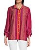 Ali Miles Woven Printed Wire Neck 3/4 Roll-Tab Sleeve Button Front Tunic, Color:Multi - Image 1