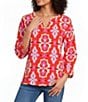 Ali Miles Woven Retro Geometric Split V-Neck Long Sleeve Smocked Cuff Pullover Tunic - Image 1